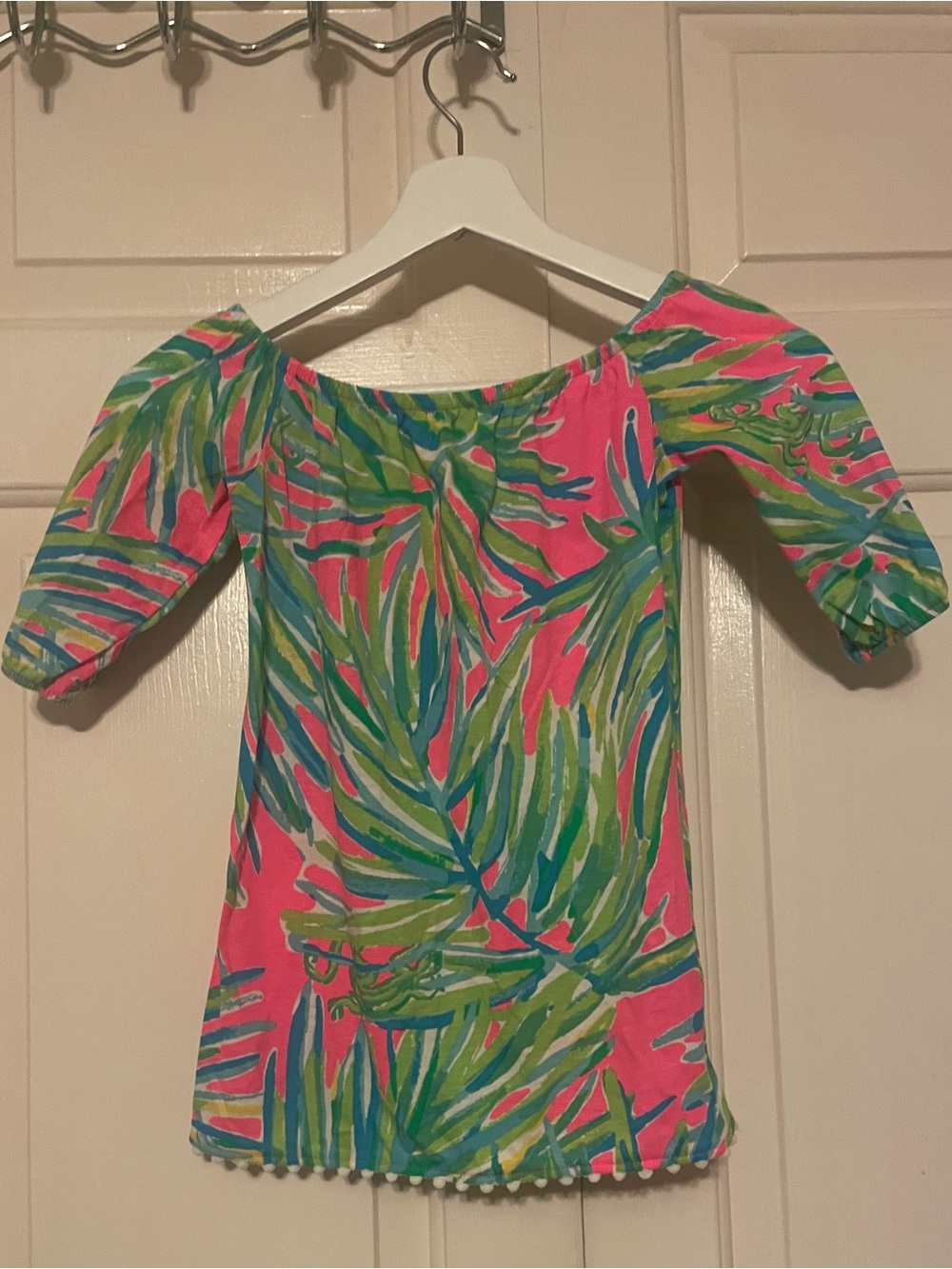 Lilly Pulitzer Girls Tropical chameleon Dress XS (2-3) with Pom Pom Trim